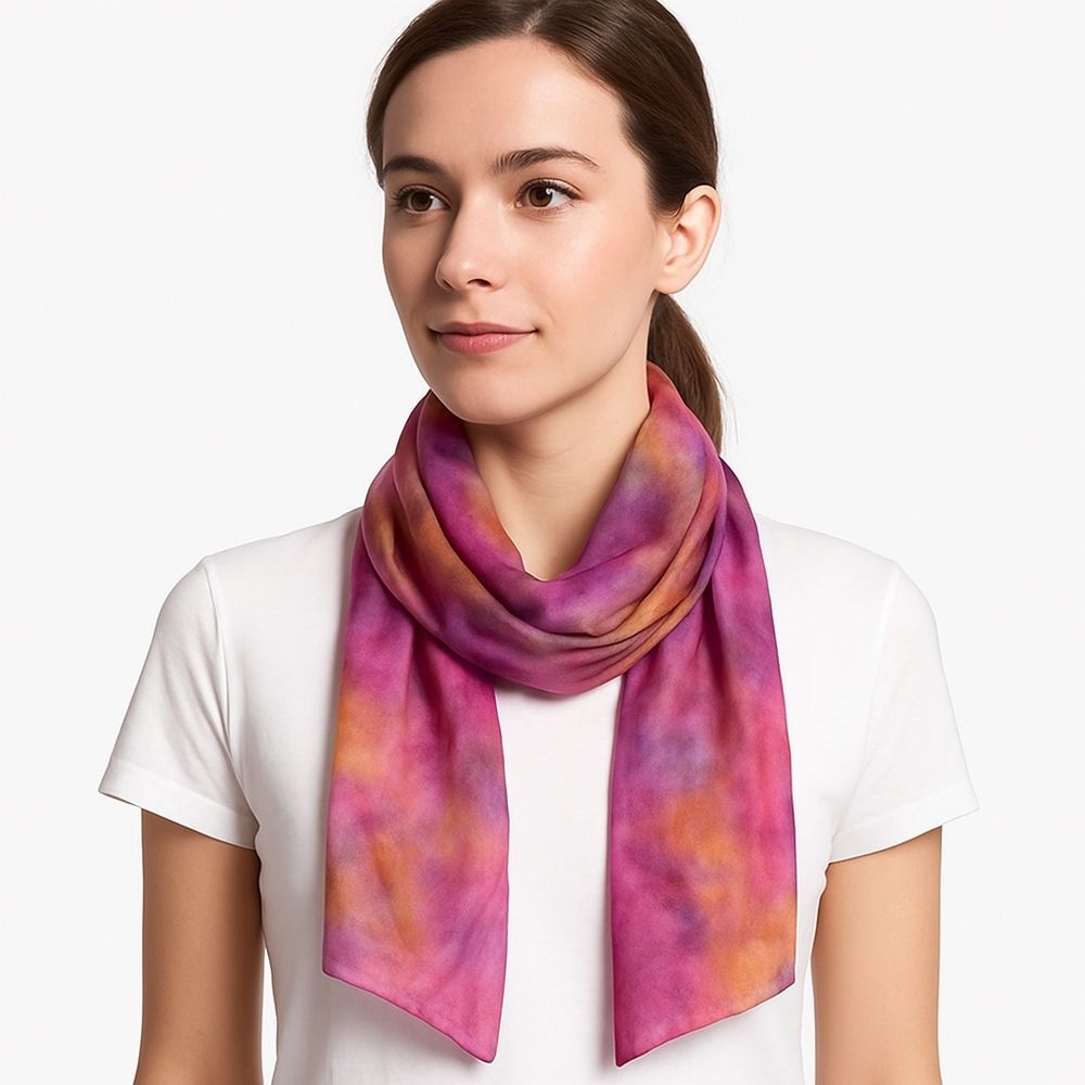 Hand-Dyed 100% Silk Multicolor Scarf Artisan Tie-Dye Pink Purple Yellow Fairy